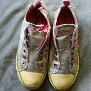Ed Hardy's silver sparkle tennis shoes size 6